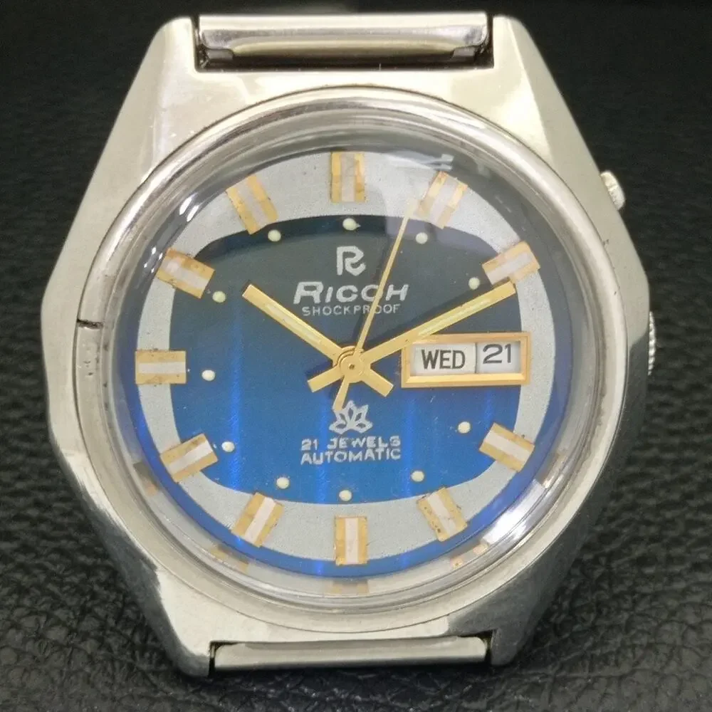 Vintage 1986 Ricoh Automatic Mens Silver Watch W/daydate & Blue accents